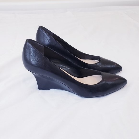 Franco Sarto Frankie Black Wedge Pump Size 7 Leather Wedged Heel Pointed Toe - Picture 5 of 14